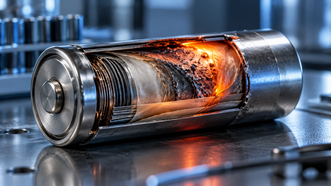 AI-generated conceptual illustration of a glowing lithium-ion cell cutaway; not a real cell construction or incident photograph.
