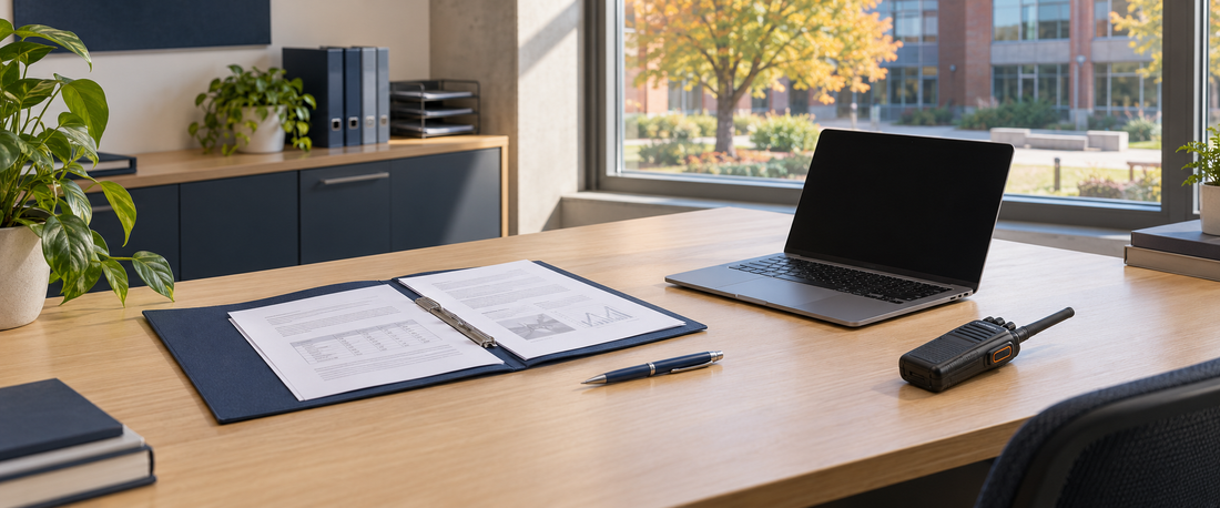 Technical documents, a laptop and a handheld radio on a desk in an empty university facilities office.