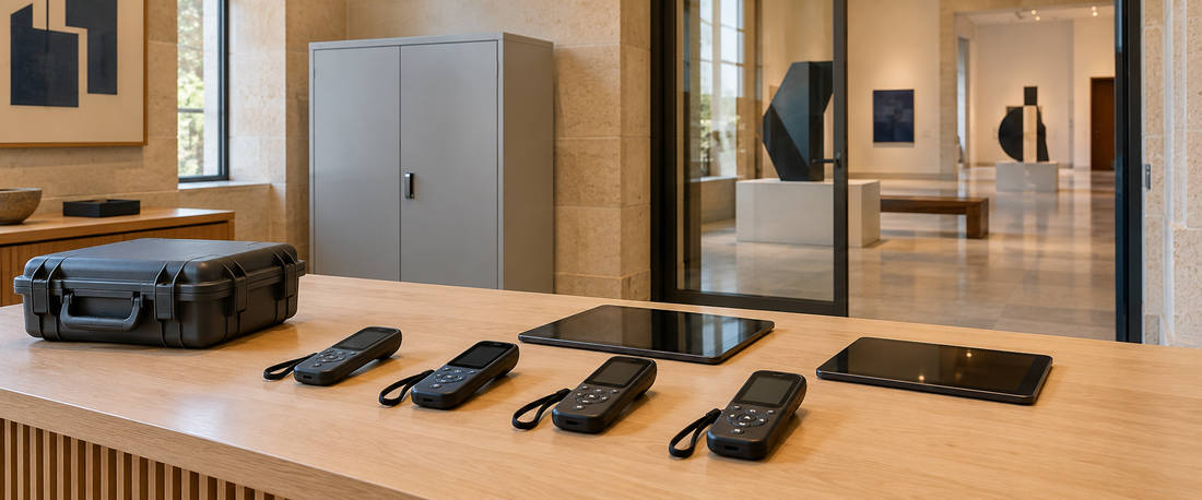 Audio guides, tablets and a closed equipment case in an empty museum preparation room.