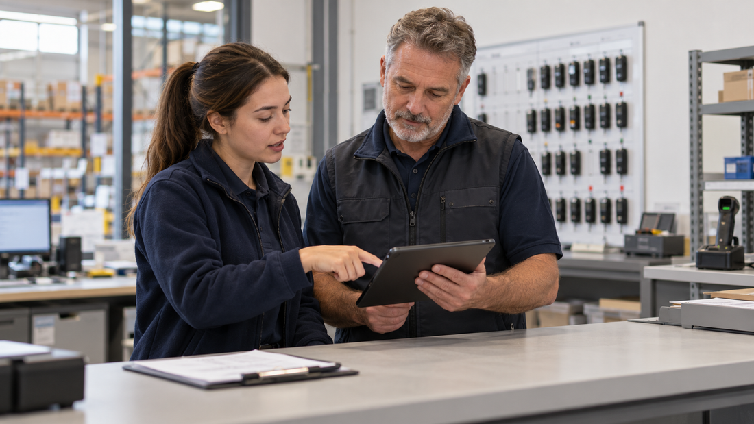 Two workplace colleagues reviewing an equipment fault report at an issue counter.