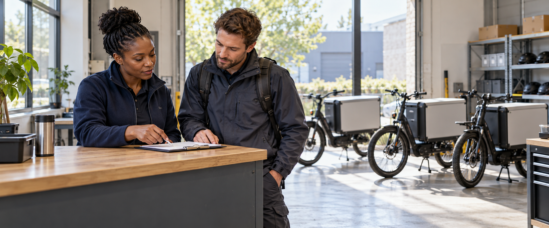 E-bike delivery depot supervisor and rider reviewing a plan at the dispatch counter.