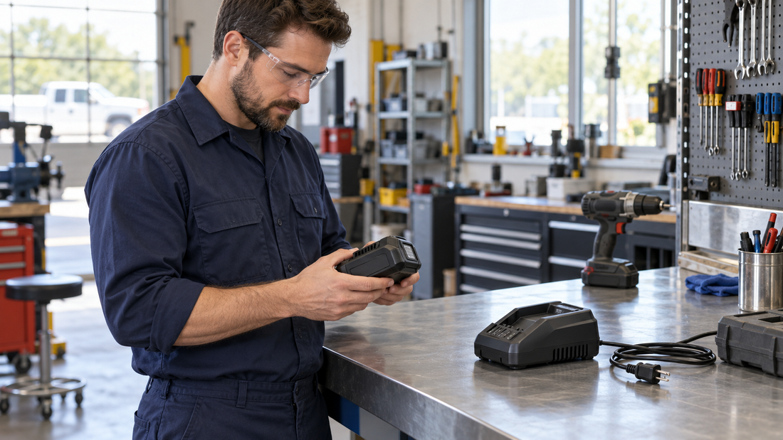 Technician checking a cordless tool battery beside an unplugged charger in a workshop.