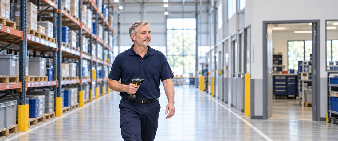 Warehouse employee carrying an intact cordless barcode scanner along a clear internal aisle.