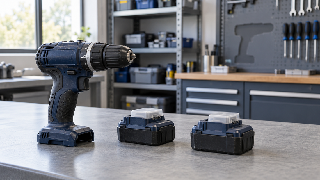 Retired cordless drill and two intact battery packs with protective terminal caps on a workshop bench.
