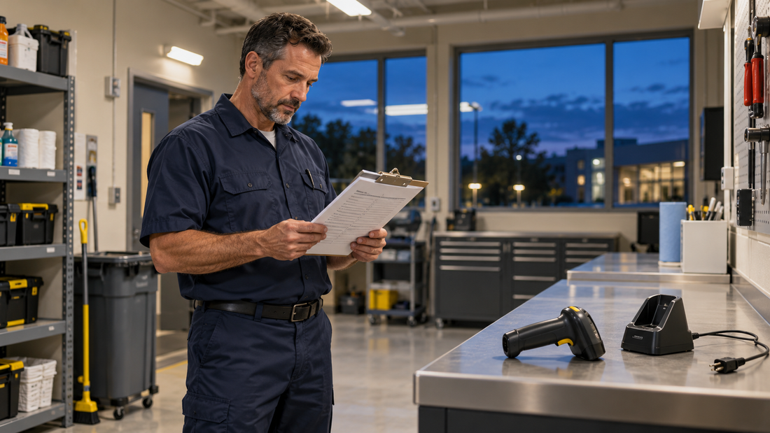 Facilities supervisor reviewing an end-of-shift checklist beside a scanner and unplugged charging cradle.