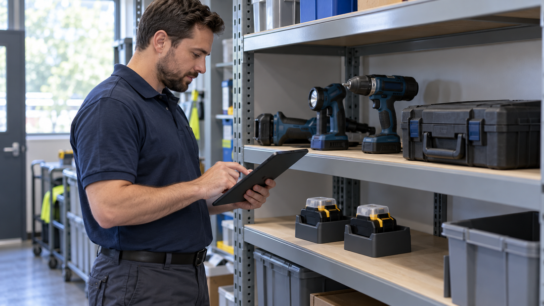 Facilities worker reviewing equipment records beside stored tools and spare batteries.