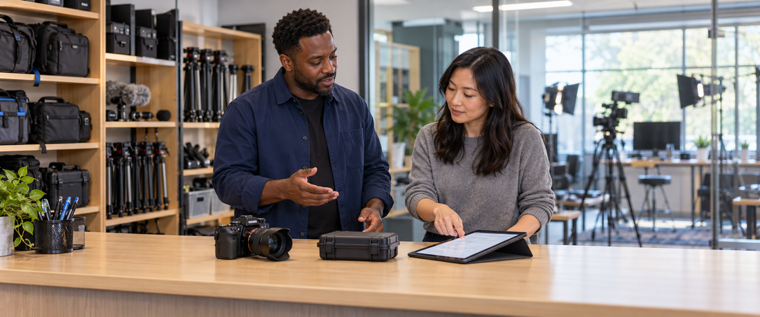 Two university media staff discussing equipment instructions at a camera checkout counter.