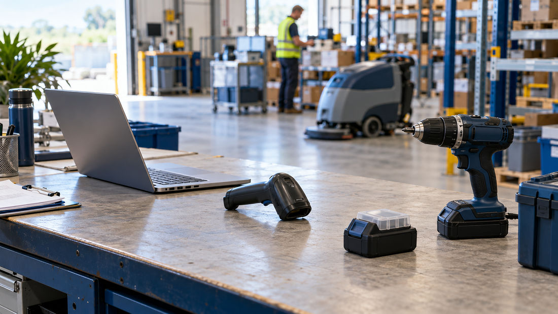 Laptop, barcode scanner, cordless drill and protected spare battery on a workbench, with a floor cleaner in the warehouse.