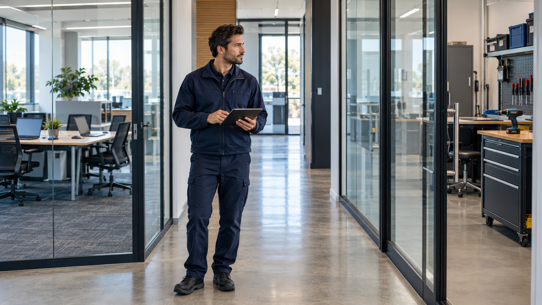 Facilities coordinator reviewing a workplace with an office and a separate workshop.